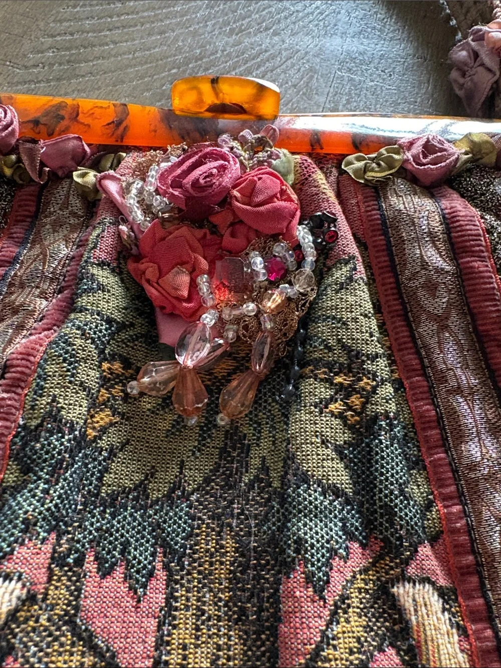 Boho Floral Tapestry Handbag with Pink Accents